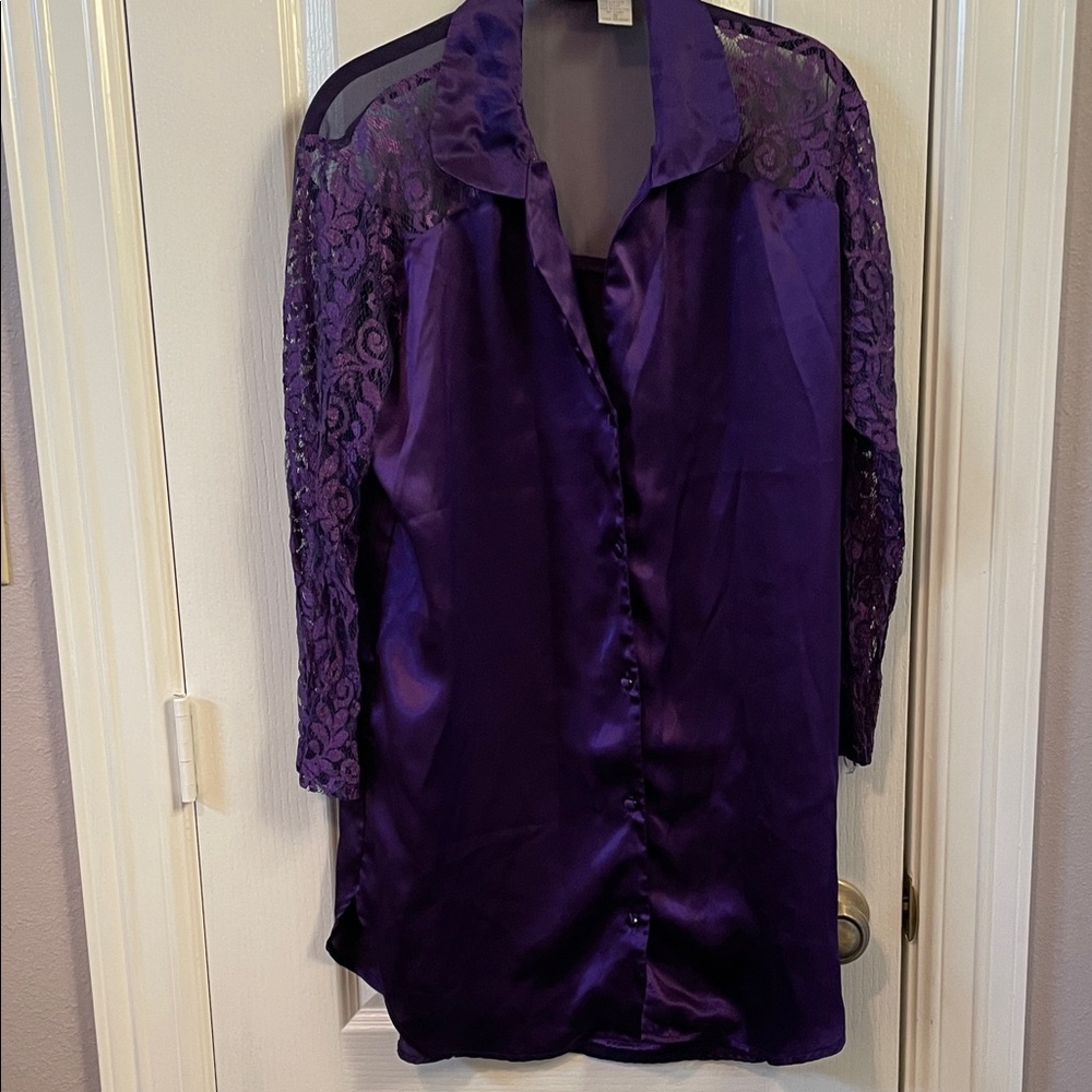 Cacique Purple Satin Nightgown with Lace